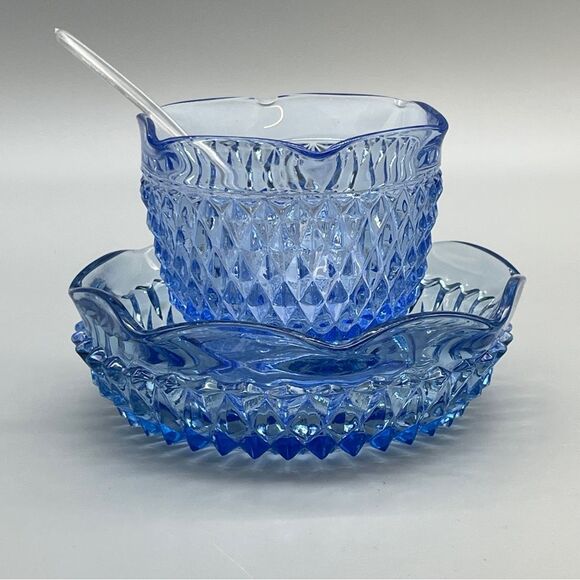 Vintage Indiana Glass Diamond Point Mayo Sauce Set Regal Blue - Picture 10 of 10